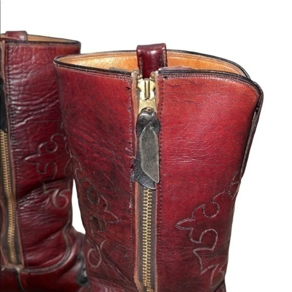 Lucchese 2318 Ostrich Exotic Black Cherry Red Leather Inlay Western Cowboy Boots